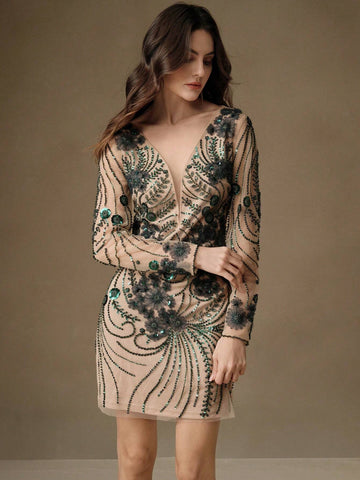 Anewsta Women Short Embroidery & Sequin Decor Long Sleeve Dress