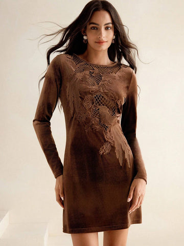 Anewsta Women Solid Color Long Sleeve Velvet Embroidery Elegant Casual Dress, Autumn & Winter
