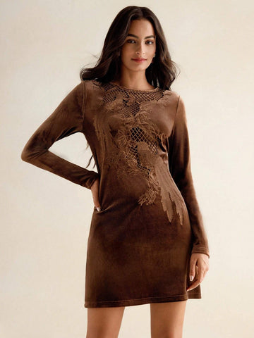 Anewsta Women Solid Color Long Sleeve Velvet Embroidery Elegant Casual Dress, Autumn & Winter