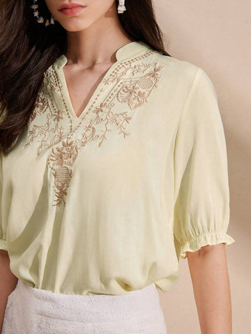 Anewsta Women Solid Color Simple Style Daily Wear Embroidery Decorated Shirt