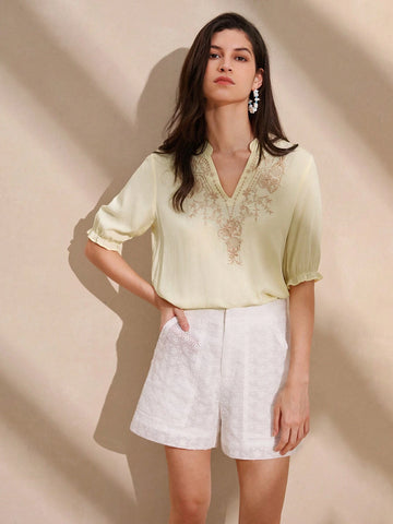 Anewsta Women Solid Color Simple Style Daily Wear Embroidery Decorated Shirt