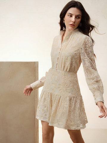 Anewsta Women Stand Collar Ruffle Cinched Waist Embroidered Floral Lace A-Line Lantern Sleeve Dress, Valentine's Day & New Year Outfit