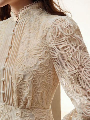 Anewsta Women Stand Collar Ruffle Cinched Waist Embroidered Floral Lace A-Line Lantern Sleeve Dress, Valentine's Day & New Year Outfit