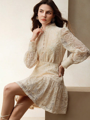 Anewsta Women Stand Collar Ruffle Cinched Waist Embroidered Floral Lace A-Line Lantern Sleeve Dress, Valentine's Day & New Year Outfit