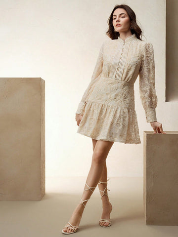 Anewsta Women Stand Collar Ruffle Cinched Waist Embroidered Floral Lace A-Line Lantern Sleeve Dress, Valentine's Day & New Year Outfit