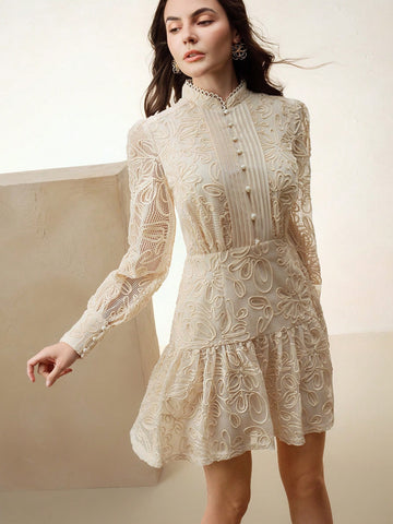 Anewsta Women Stand Collar Ruffle Cinched Waist Embroidered Floral Lace A-Line Lantern Sleeve Dress, Valentine's Day & New Year Outfit