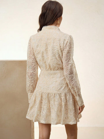 Anewsta Women Stand Collar Ruffle Cinched Waist Embroidered Floral Lace A-Line Lantern Sleeve Dress, Valentine's Day & New Year Outfit