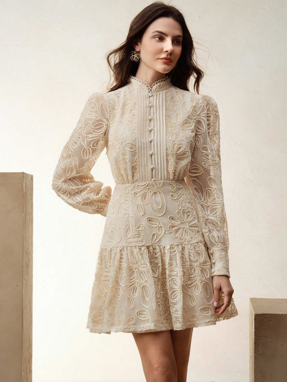 Anewsta Women Stand Collar Ruffle Cinched Waist Embroidered Floral Lace A-Line Lantern Sleeve Dress, Valentine's Day & New Year Outfit