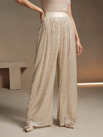 Anewsta Women Straight Leg Casual Elastic Waist Loose Sequin Embellished Flowy Pants