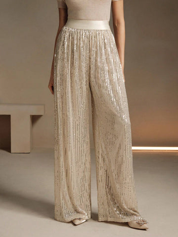 Anewsta Women Straight Leg Casual Elastic Waist Loose Sequin Embellished Flowy Pants