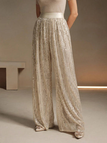 Anewsta Women Straight Leg Casual Elastic Waist Loose Sequin Embellished Flowy Pants