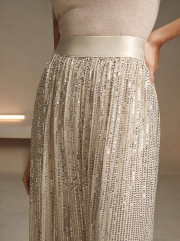 Anewsta Women Straight Leg Casual Elastic Waist Loose Sequin Embellished Flowy Pants