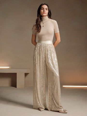 Anewsta Women Straight Leg Casual Elastic Waist Loose Sequin Embellished Flowy Pants