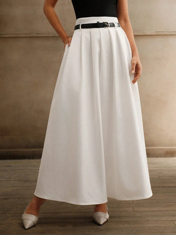 Anewsta Women White High Waist Pleated A-Line Skirt With Belt