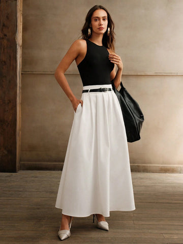 Anewsta Women White High Waist Pleated A-Line Skirt With Belt