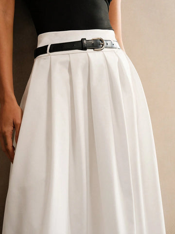 Anewsta Women White High Waist Pleated A-Line Skirt With Belt