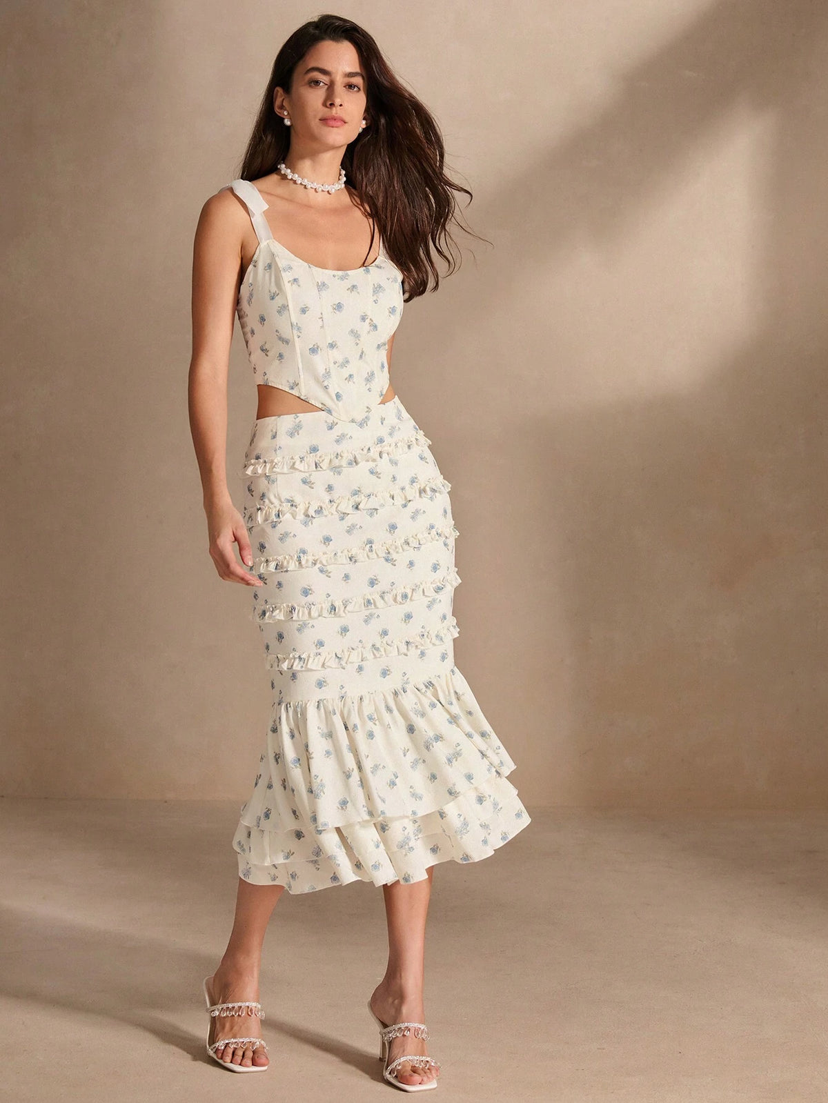 Anewsta Women's 2pcs Set: Woven Print Open Back Ribbon Bow Cross-Tie Corset Top & Tiered Ruffled Pleat Skirt