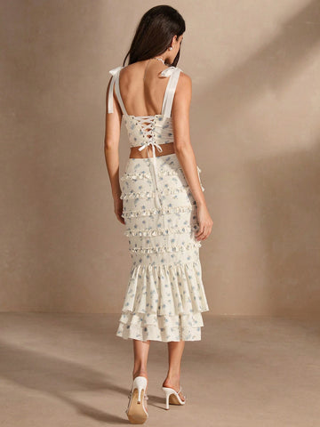 Anewsta Women's 2pcs Set: Woven Print Open Back Ribbon Bow Cross-Tie Corset Top & Tiered Ruffled Pleat Skirt