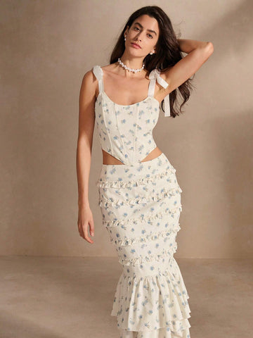 Anewsta Women's 2pcs Set: Woven Print Open Back Ribbon Bow Cross-Tie Corset Top & Tiered Ruffled Pleat Skirt