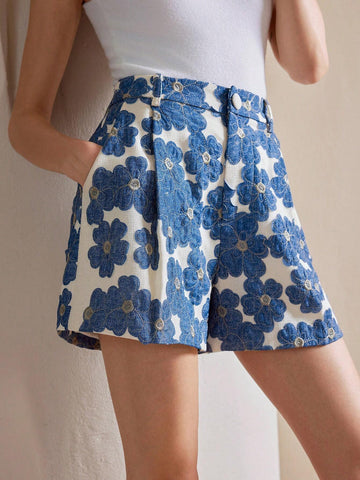 Anewsta Women's 3D Embroidered Blue Floral Faux Linen Shorts