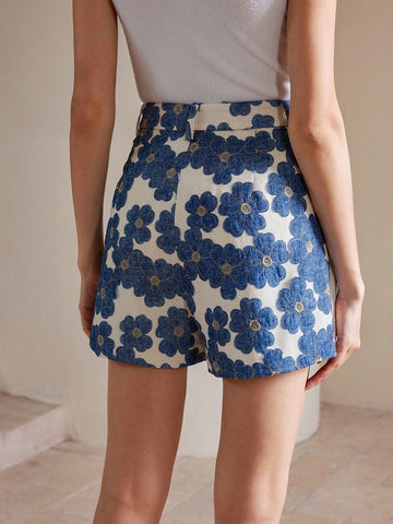 Anewsta Women's 3D Embroidered Blue Floral Faux Linen Shorts