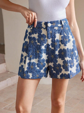 Anewsta Women's 3D Embroidered Blue Floral Faux Linen Shorts