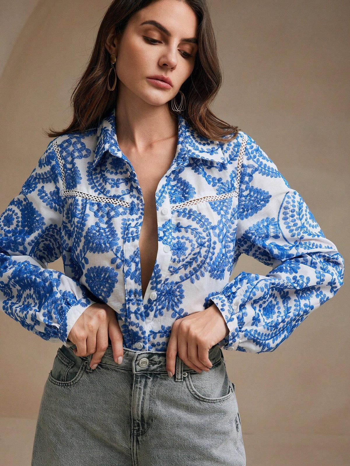 Anewsta Women's Anewsta Hollow-Out Embroidered Fabric Shirt With Floral Lace Hemline