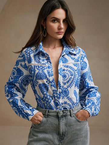 Anewsta Women's Anewsta Hollow-Out Embroidered Fabric Shirt With Floral Lace Hemline