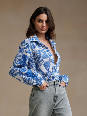 Anewsta Women's Anewsta Hollow-Out Embroidered Fabric Shirt With Floral Lace Hemline