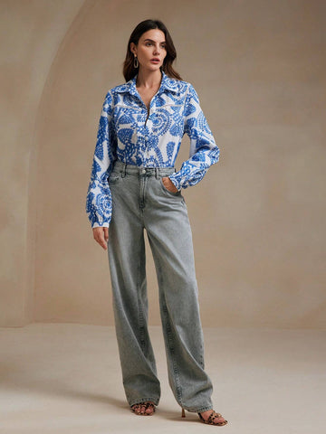 Anewsta Women's Anewsta Hollow-Out Embroidered Fabric Shirt With Floral Lace Hemline