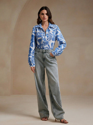 Anewsta Women's Anewsta Hollow-Out Embroidered Fabric Shirt With Floral Lace Hemline