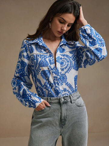 Anewsta Women's Anewsta Hollow-Out Embroidered Fabric Shirt With Floral Lace Hemline