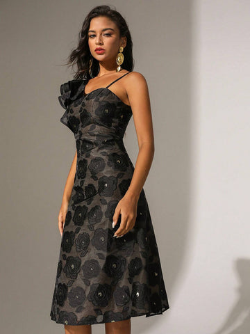 Anewsta Women's Asymmetrical Collar & Ruffle Hem Patchwork Dress