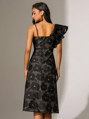 Anewsta Women's Asymmetrical Collar & Ruffle Hem Patchwork Dress