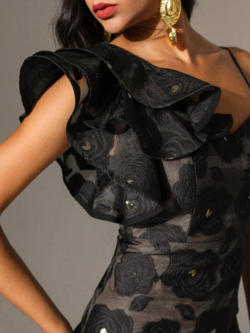 Anewsta Women's Asymmetrical Collar & Ruffle Hem Patchwork Dress