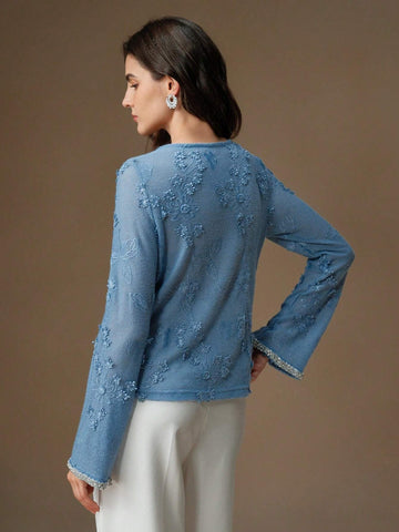Women's Autumn Crystal Decor Round Neck Long Sleeve Applique Design Elegant T-Shirt For Spring Outfit