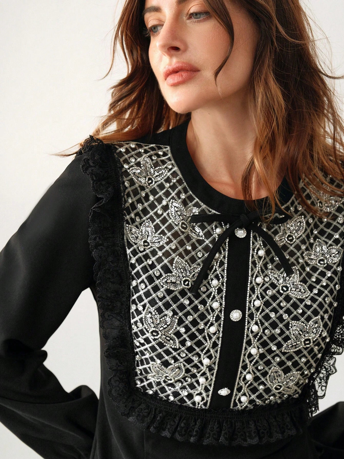 Anewsta Women's Beaded & Rhinestone Bow Decor Ruffle Hem Long Sleeve Dress