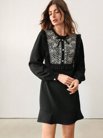 Anewsta Women's Beaded & Rhinestone Bow Decor Ruffle Hem Long Sleeve Dress