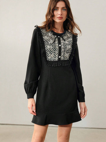 Anewsta Women's Beaded & Rhinestone Bow Decor Ruffle Hem Long Sleeve Dress