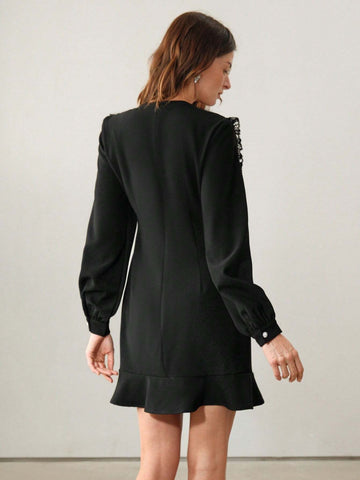 Anewsta Women's Beaded & Rhinestone Bow Decor Ruffle Hem Long Sleeve Dress