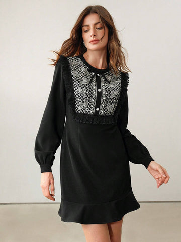 Anewsta Women's Beaded & Rhinestone Bow Decor Ruffle Hem Long Sleeve Dress