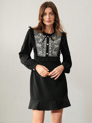 Anewsta Women's Beaded & Rhinestone Bow Decor Ruffle Hem Long Sleeve Dress