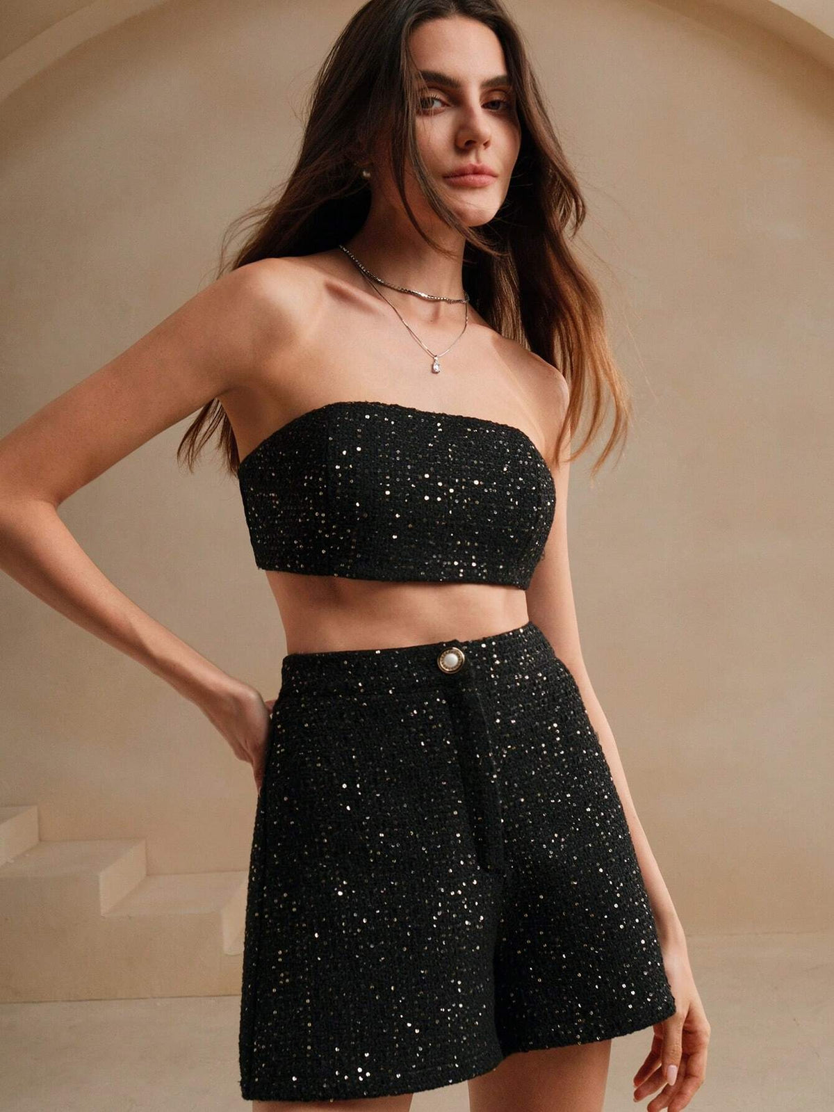 Anewsta Women's Black Sequin Bandeau & Shorts Set