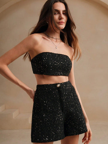 Anewsta Women's Black Sequin Bandeau & Shorts Set