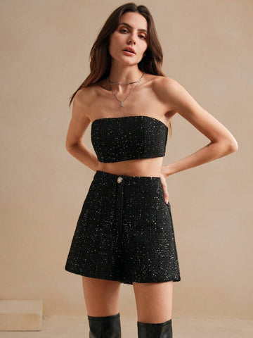 Anewsta Women's Black Sequin Bandeau & Shorts Set