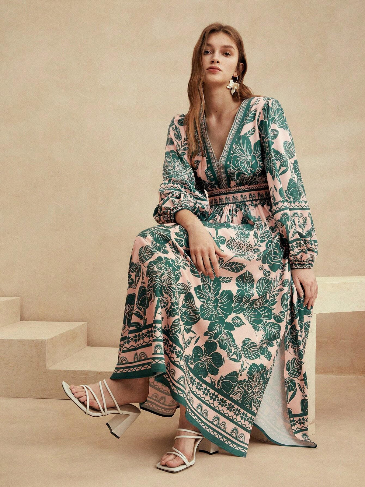 Anewsta Women's Casual Holiday Green Floral Puff Sleeve Dress