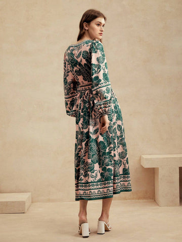 Anewsta Women's Casual Holiday Green Floral Puff Sleeve Dress