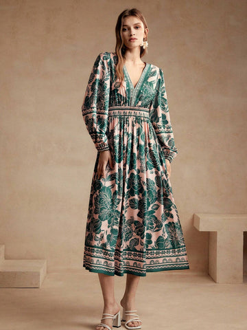 Anewsta Women's Casual Holiday Green Floral Puff Sleeve Dress