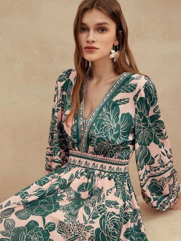 Anewsta Women's Casual Holiday Green Floral Puff Sleeve Dress