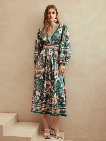 Anewsta Women's Casual Holiday Green Floral Puff Sleeve Dress